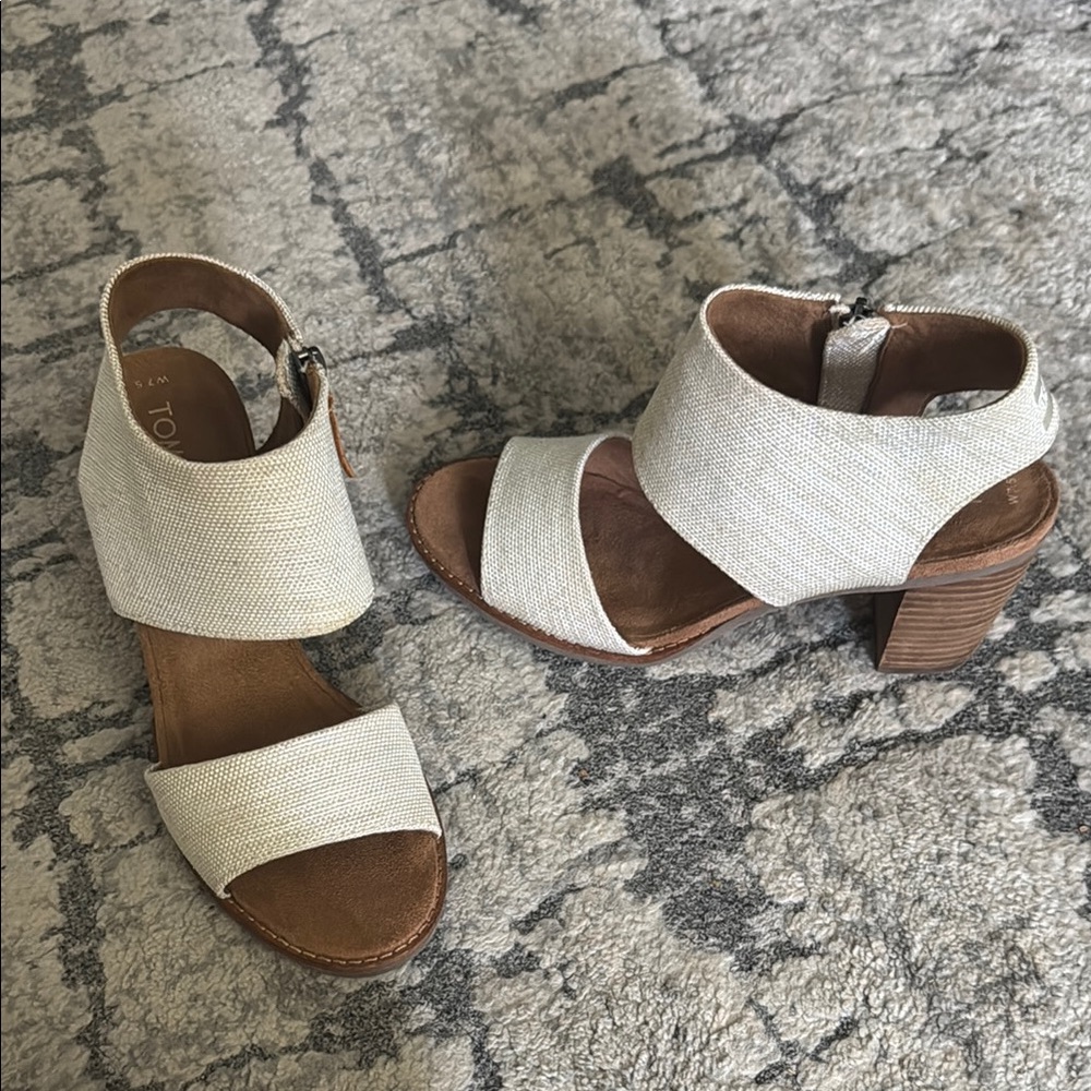 Toms Cream Linen Block Heel Sandals
